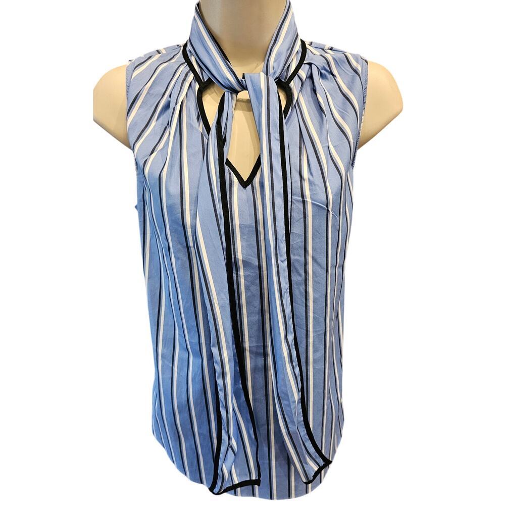 WHBM Tank Blouse Blue/White Top Tie neck 4 preppy business proffesional Career